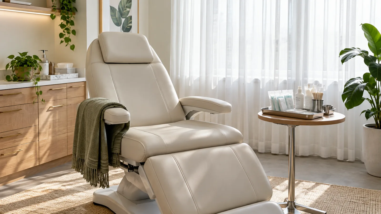 An empty cream treatment chair beside sheer-curtained windows, with a blanket over its arm and a tray of supplies on a side table.