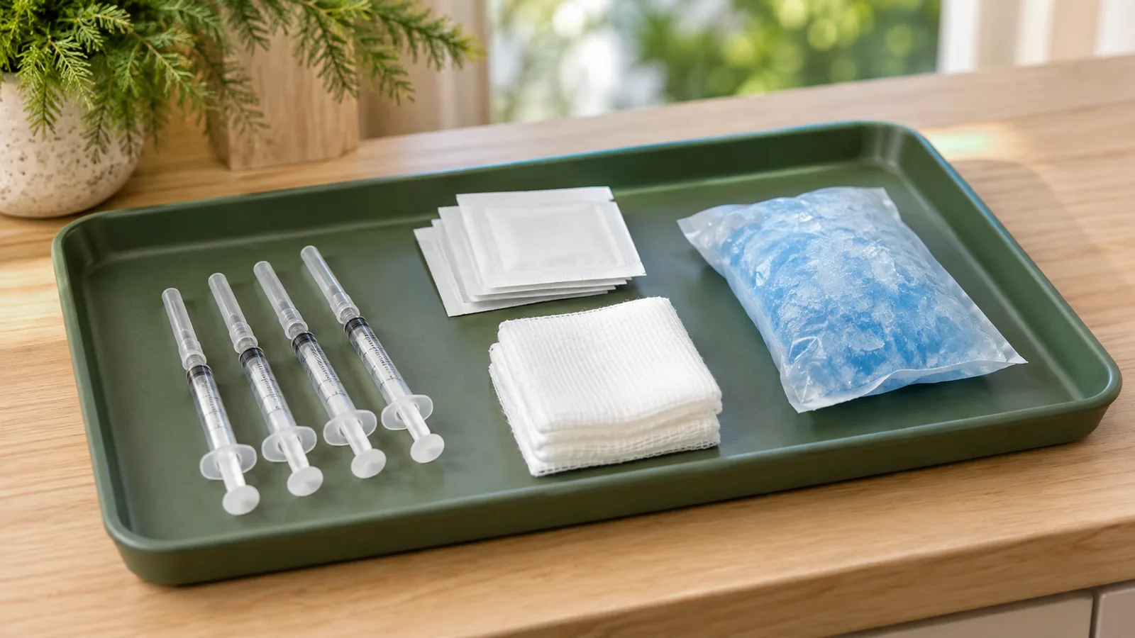 Four small syringes, folded gauze squares, sealed wipes and a blue ice pack laid out on a green tray.