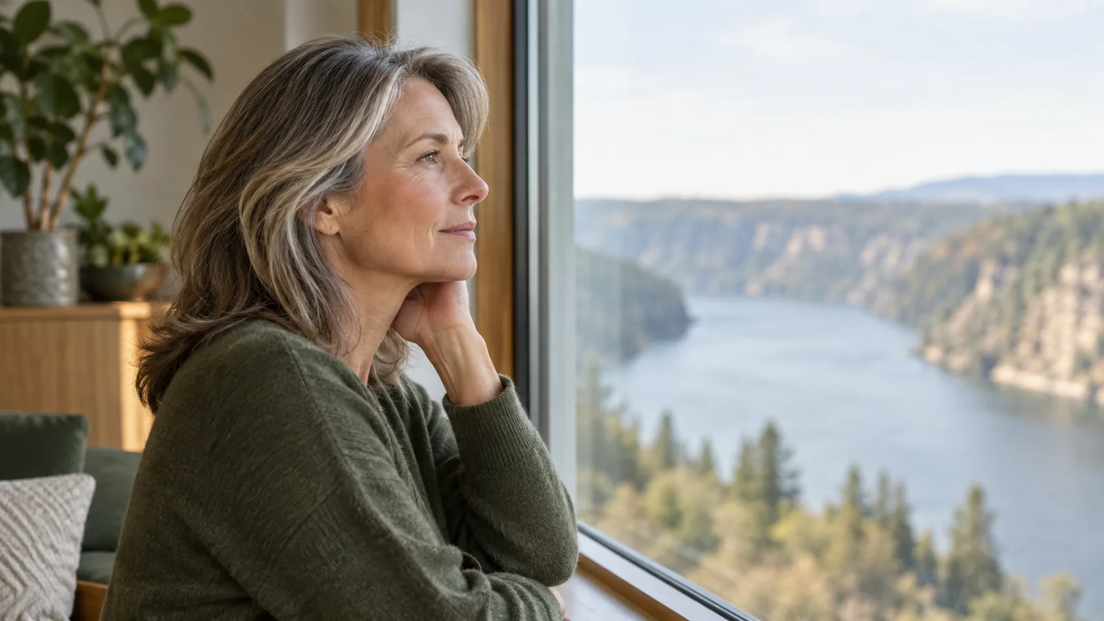 A woman in her fifties rests her chin on her hand by a tall window overlooking a river between wooded cliffs.