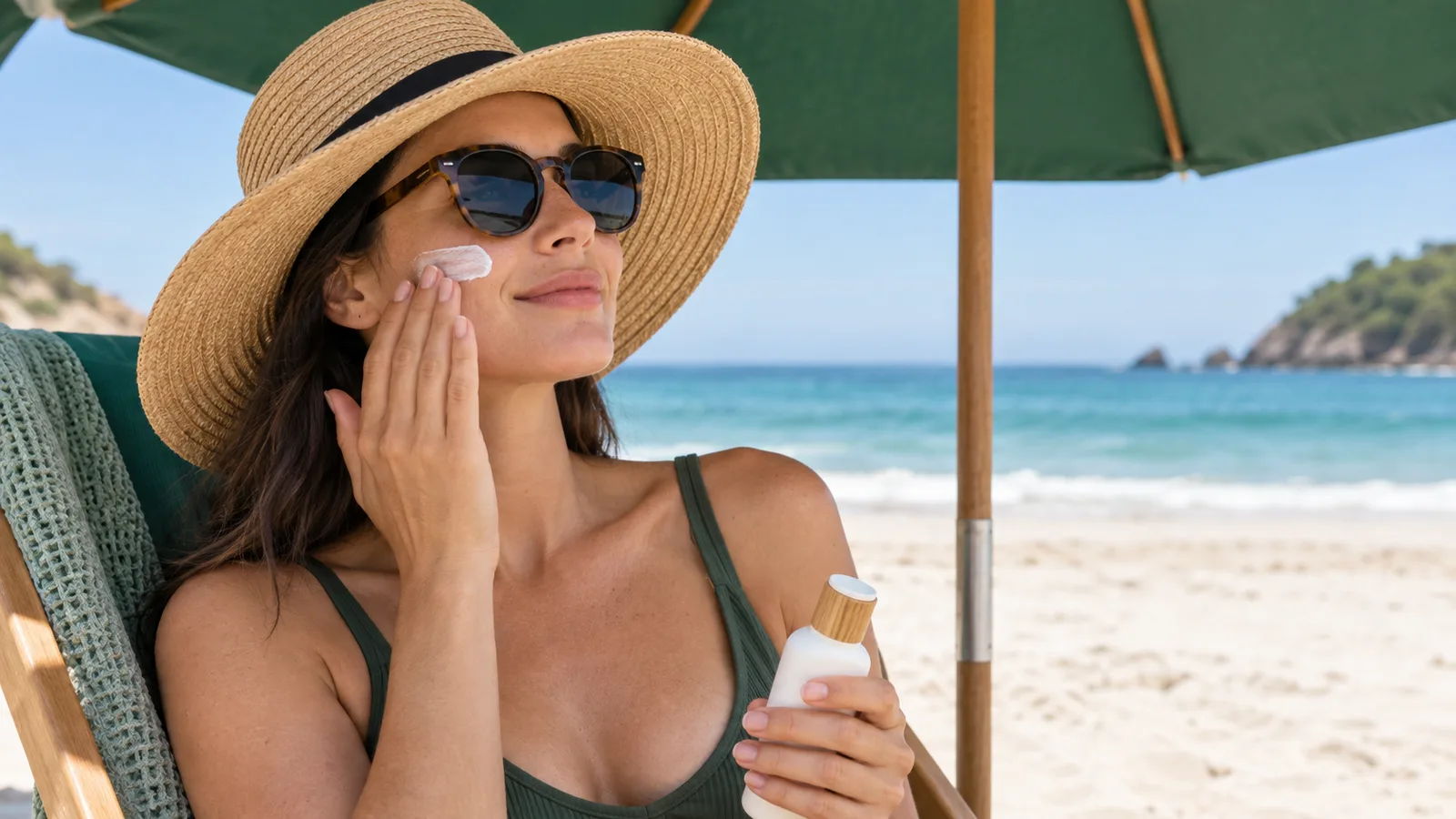 A woman in a straw hat and sunglasses dabs sunscreen on her cheek under a beach umbrella.