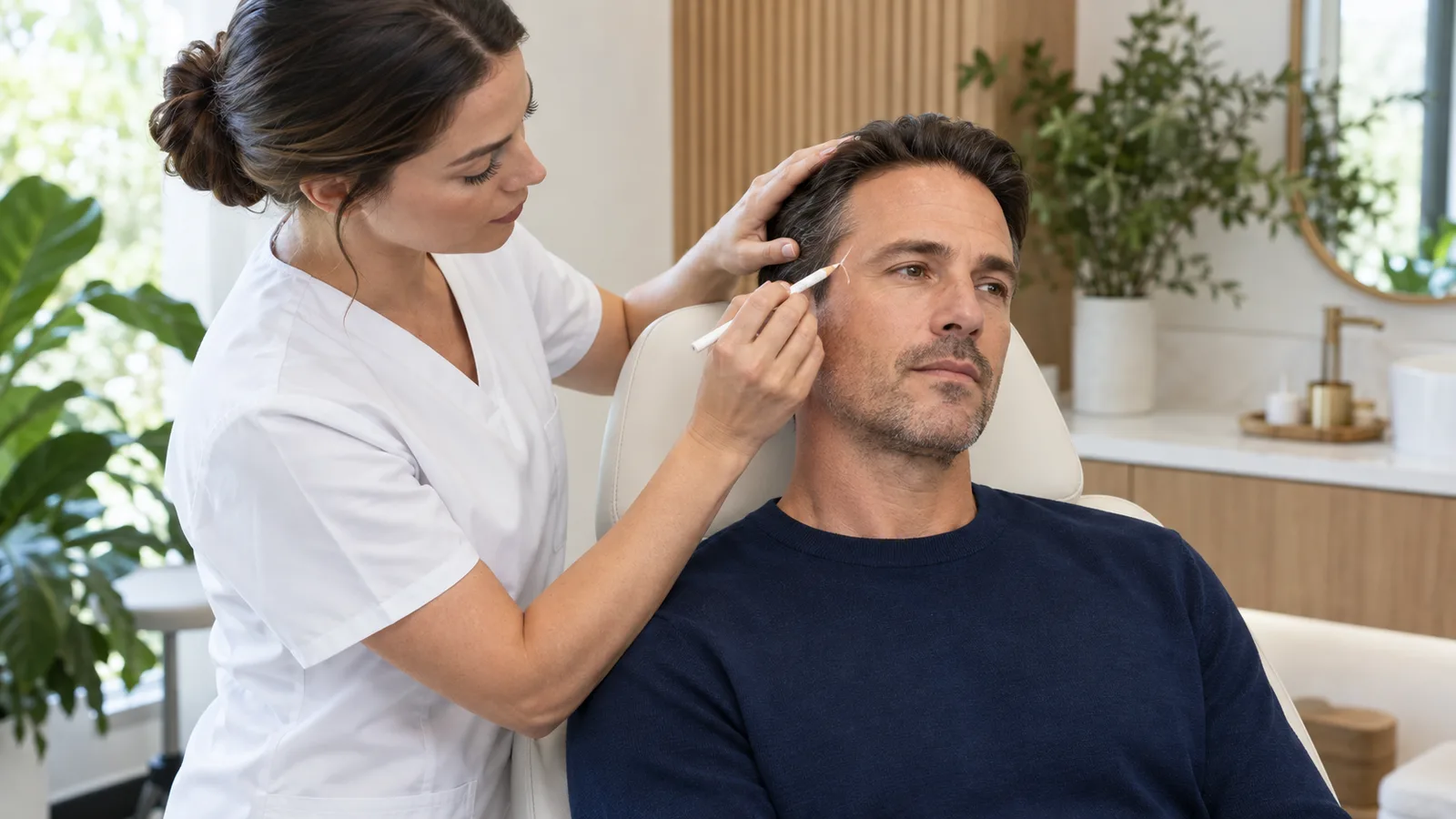 A clinician in white scrubs marks a point near the temple of a man in a navy sweater seated in a treatment chair.