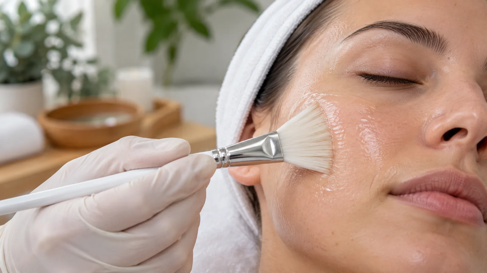 A gloved hand brushes clear peel solution across a woman's cheek as she lies back, eyes closed, hair wrapped in a towel.