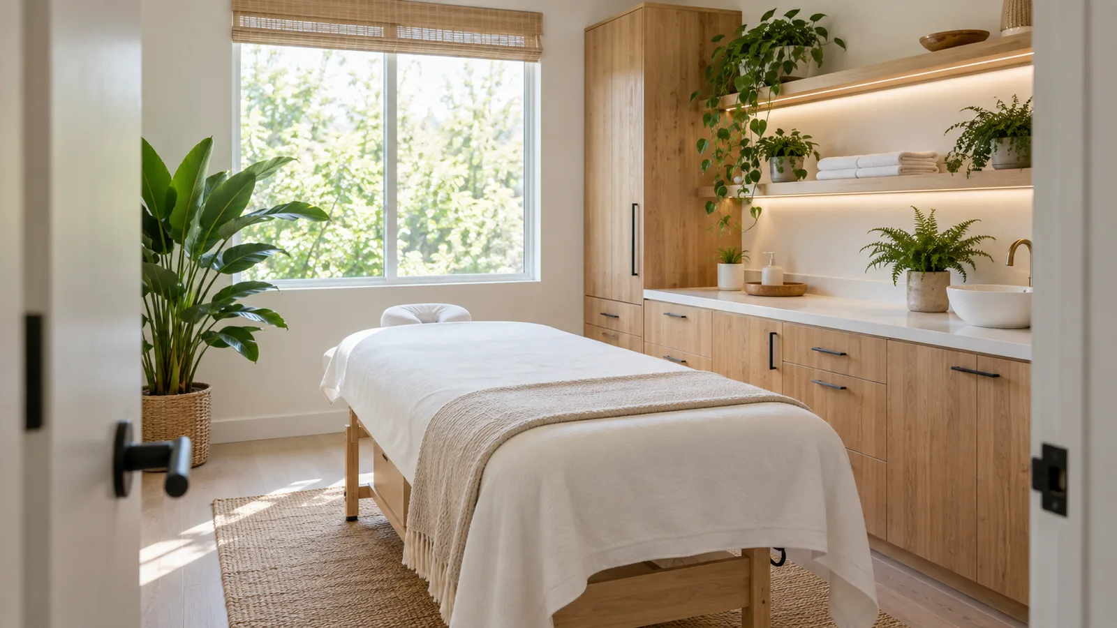 An empty treatment room with a blanket-draped table, wooden cabinets, lit shelves of plants and a tree-filled window.