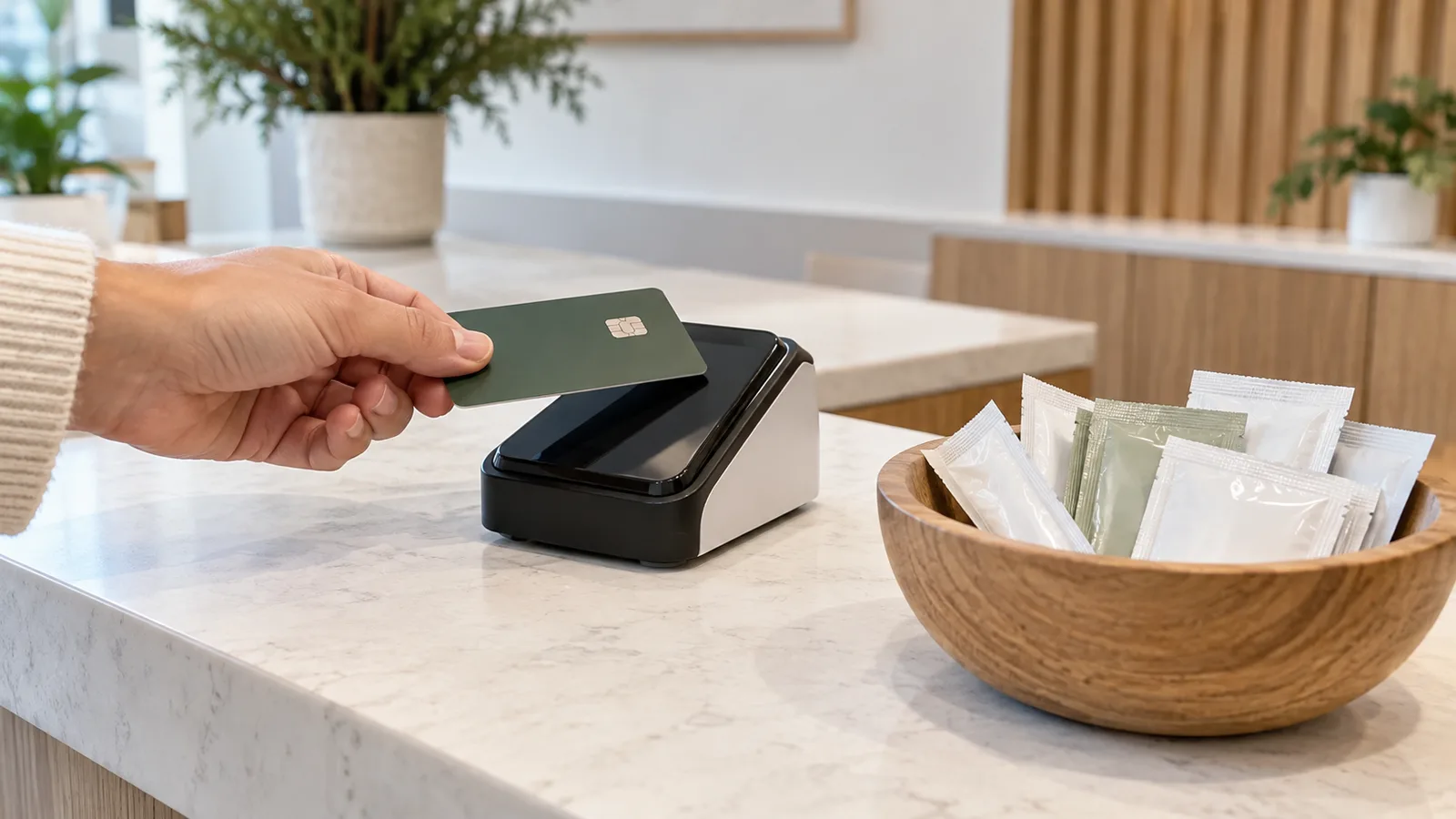 A hand holds a payment card over a countertop card reader beside a wooden bowl of sample sachets.