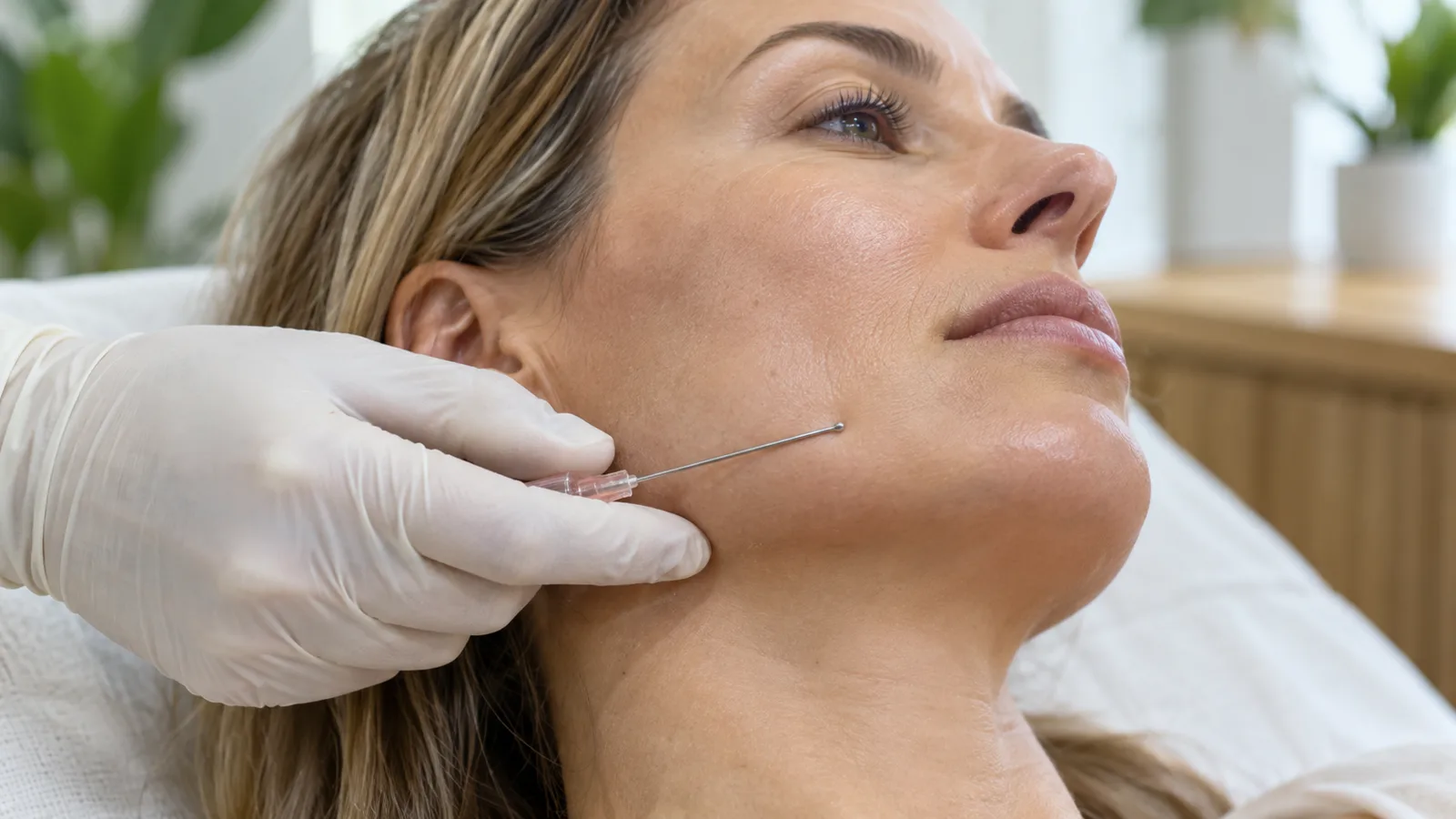 A gloved hand guides a fine cannula along the jawline of a reclining woman.