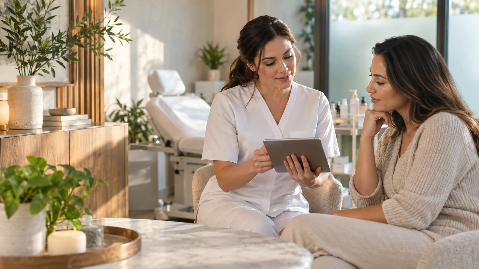 In a sunlit lounge area, a practitioner in white scrubs shares a tablet with a woman seated beside a marble table.