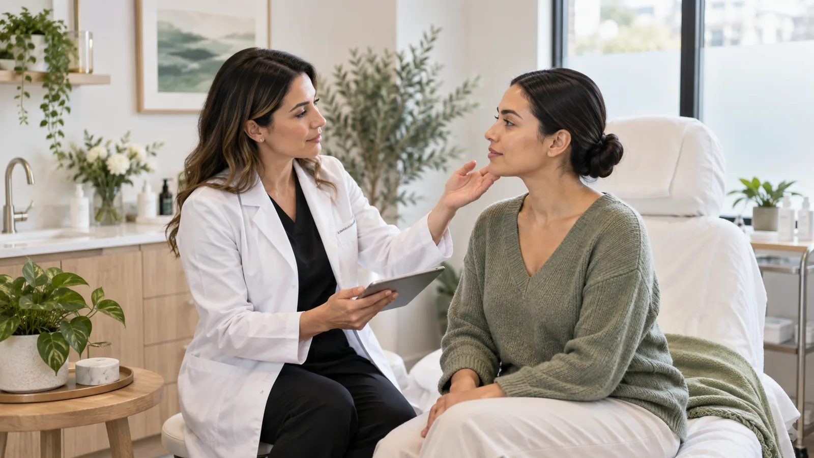 A clinician holding a tablet lightly supports the jaw of a woman in a green sweater sitting on a treatment bed.