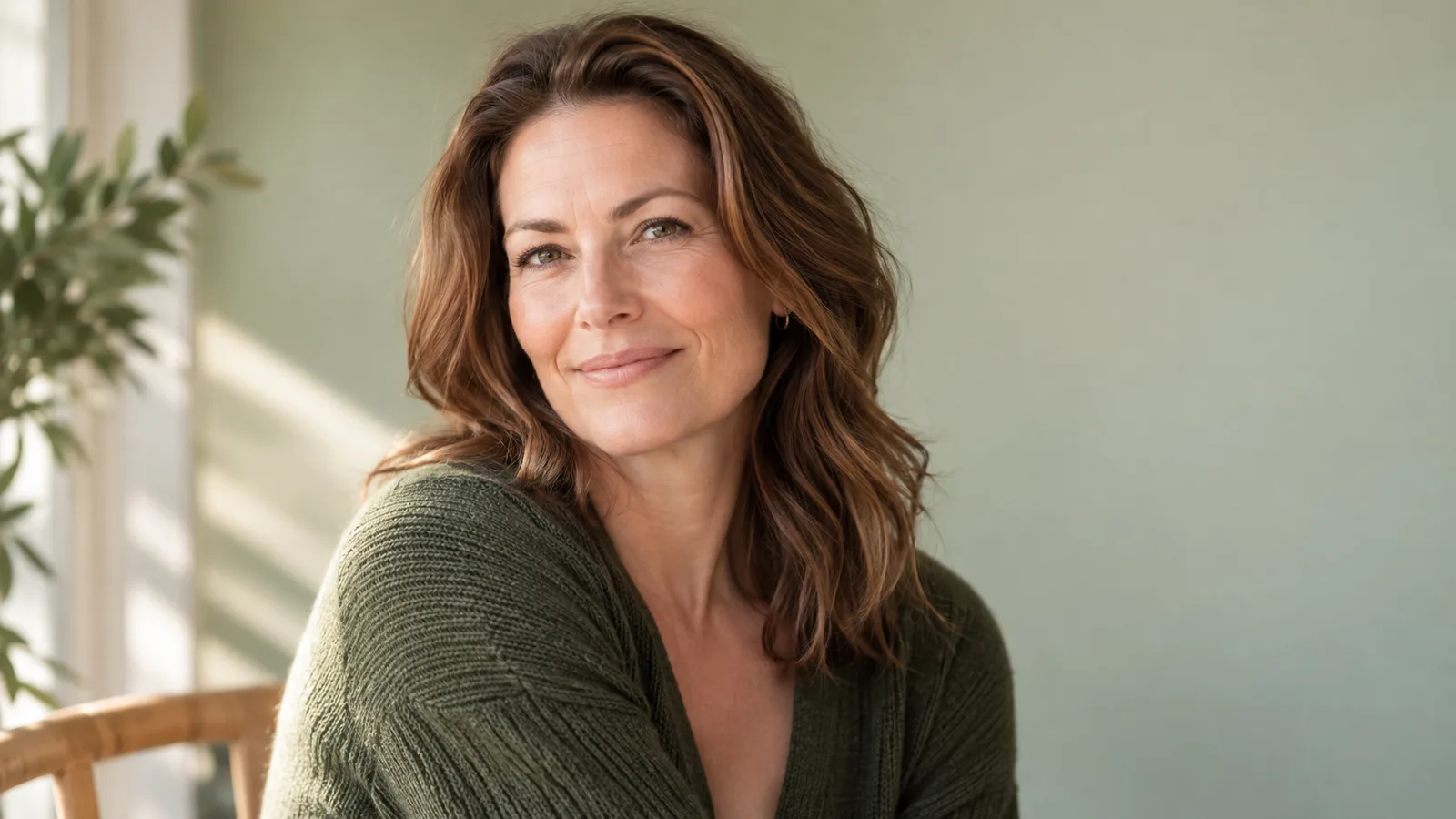 A smiling woman in her late forties with softly defined cheekbones sits in warm window light.
