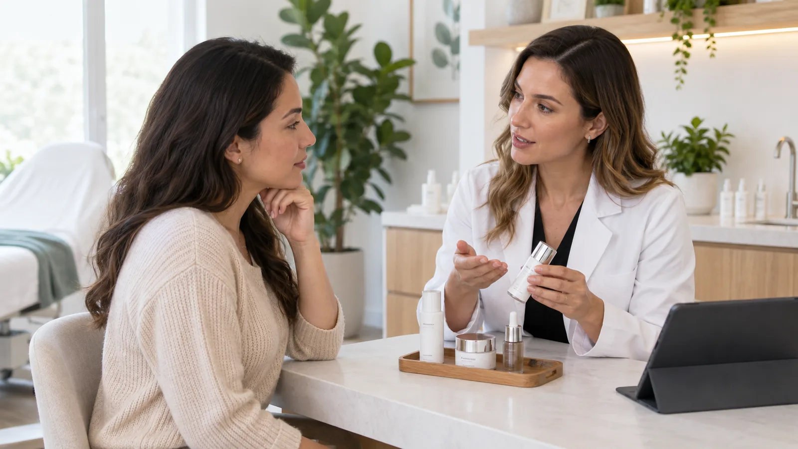 Seated at a white counter, a clinician holds up a small serum bottle beside a product tray while a woman listens.