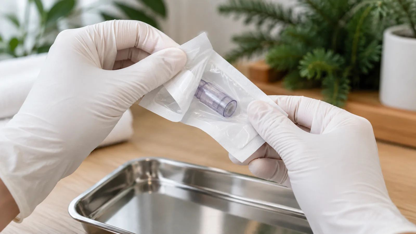 Gloved hands peel open a sterile pouch holding a single-use needle cartridge above a steel tray.