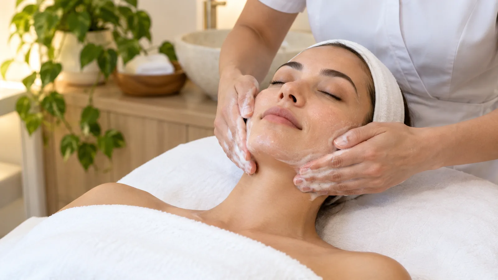 An esthetician's hands massage cleanser along the jaw of a woman lying on a facial bed with her eyes closed.