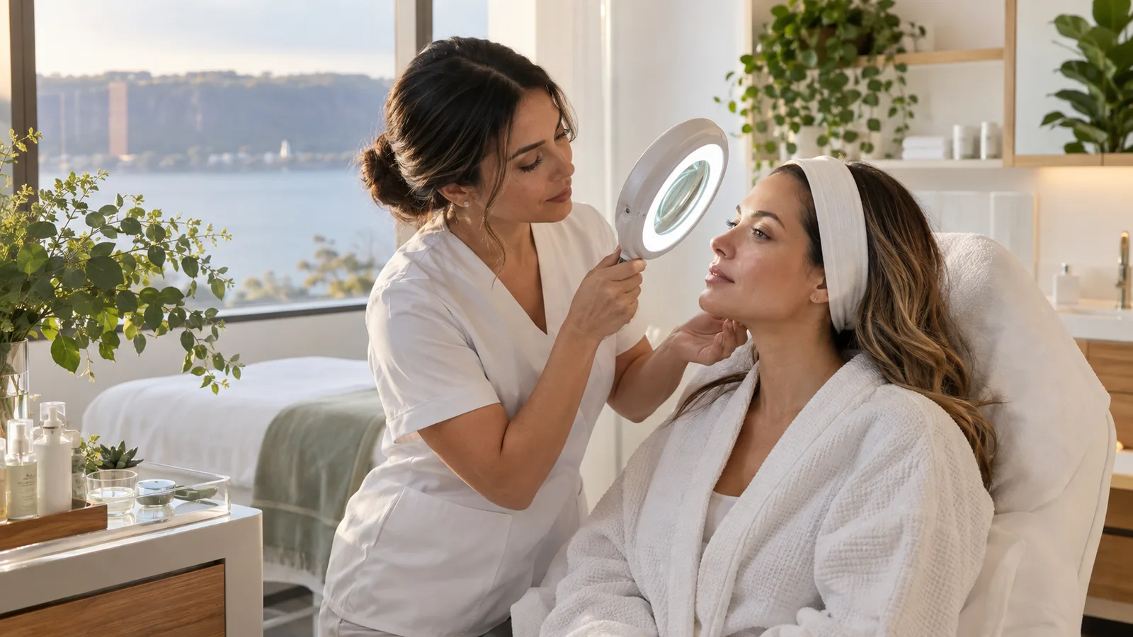 A practitioner holds a lighted magnifying lamp to a woman's face by a window overlooking a river and wooded cliffs.