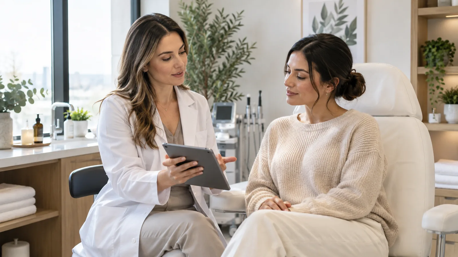 A clinician with long wavy hair shows a tablet to a woman with a low bun seated in a white chair.