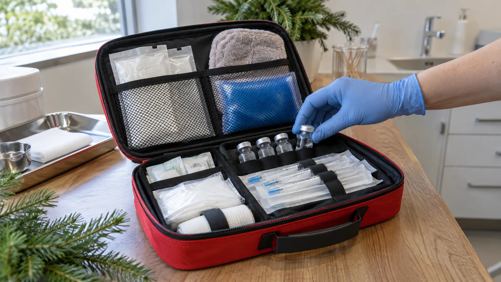 A gloved hand reaches into an open red emergency kit holding vials, syringes, gauze and a cold pack.