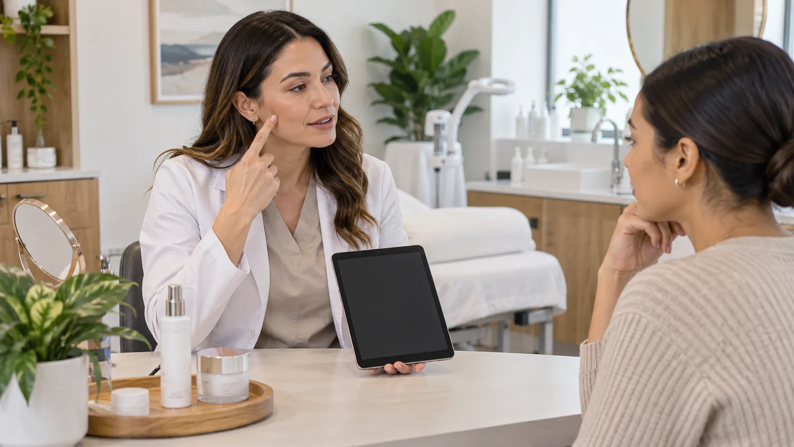 Holding a dark tablet, a clinician touches her own cheek to indicate an area while a woman across the table listens.
