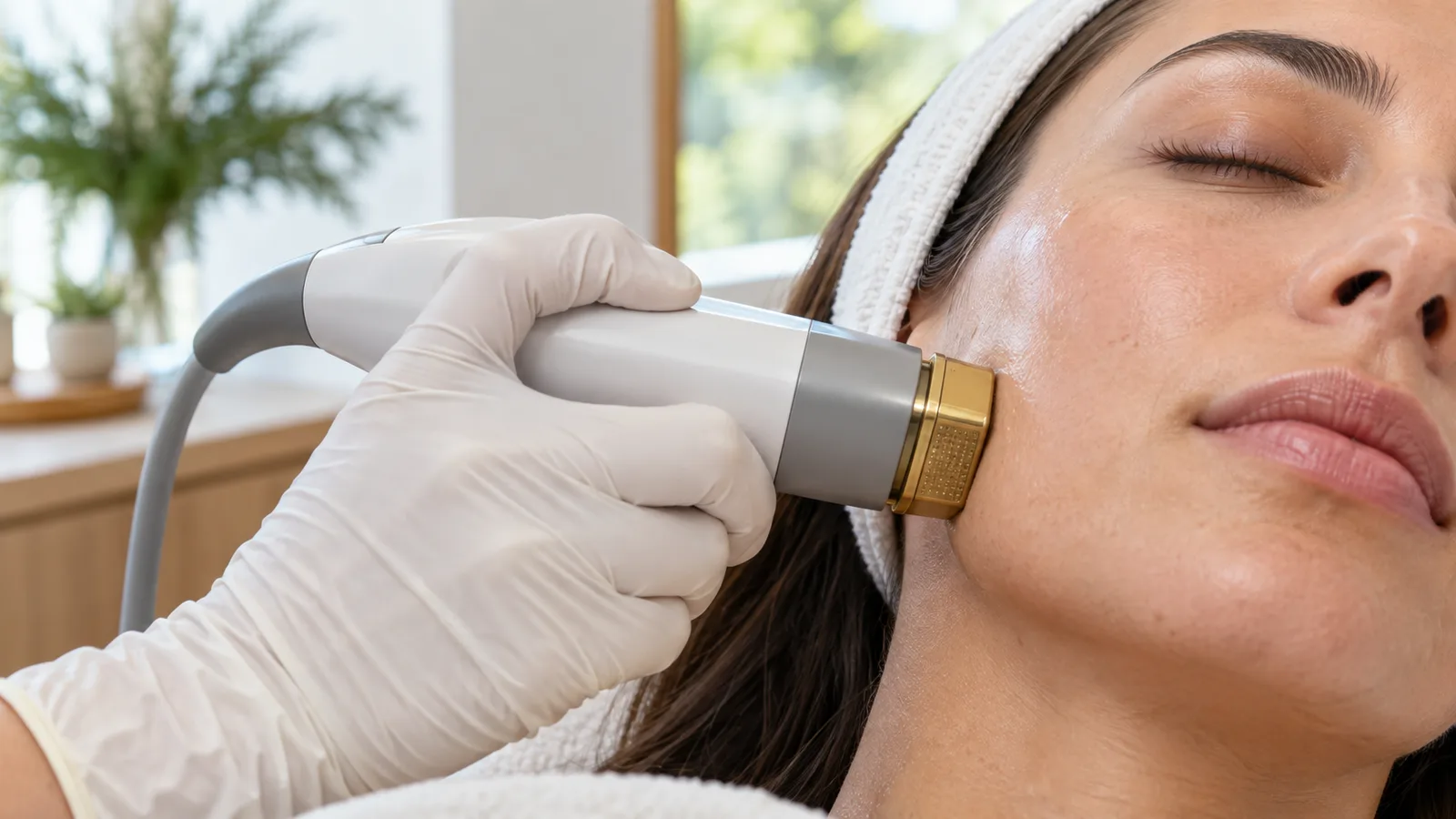 A gloved hand presses a radiofrequency microneedling handpiece to the lower cheek of a woman with her eyes closed.