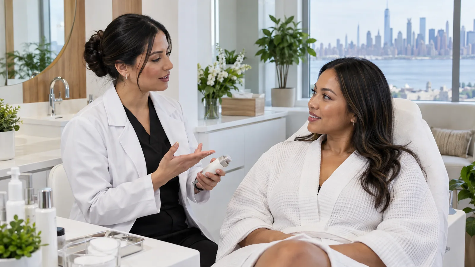 A clinician holding a small bottle talks with a woman in a white robe, a city skyline across the river beyond.