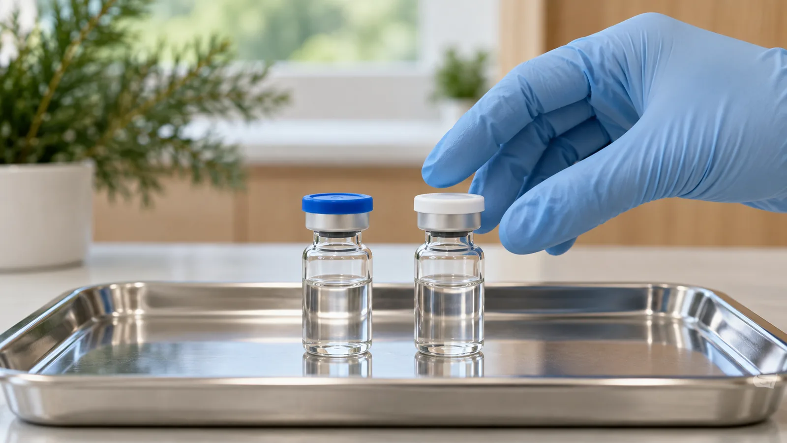 Two small unlabeled vials, one with a blue cap and one with a white cap, on a steel tray as a gloved hand reaches in.