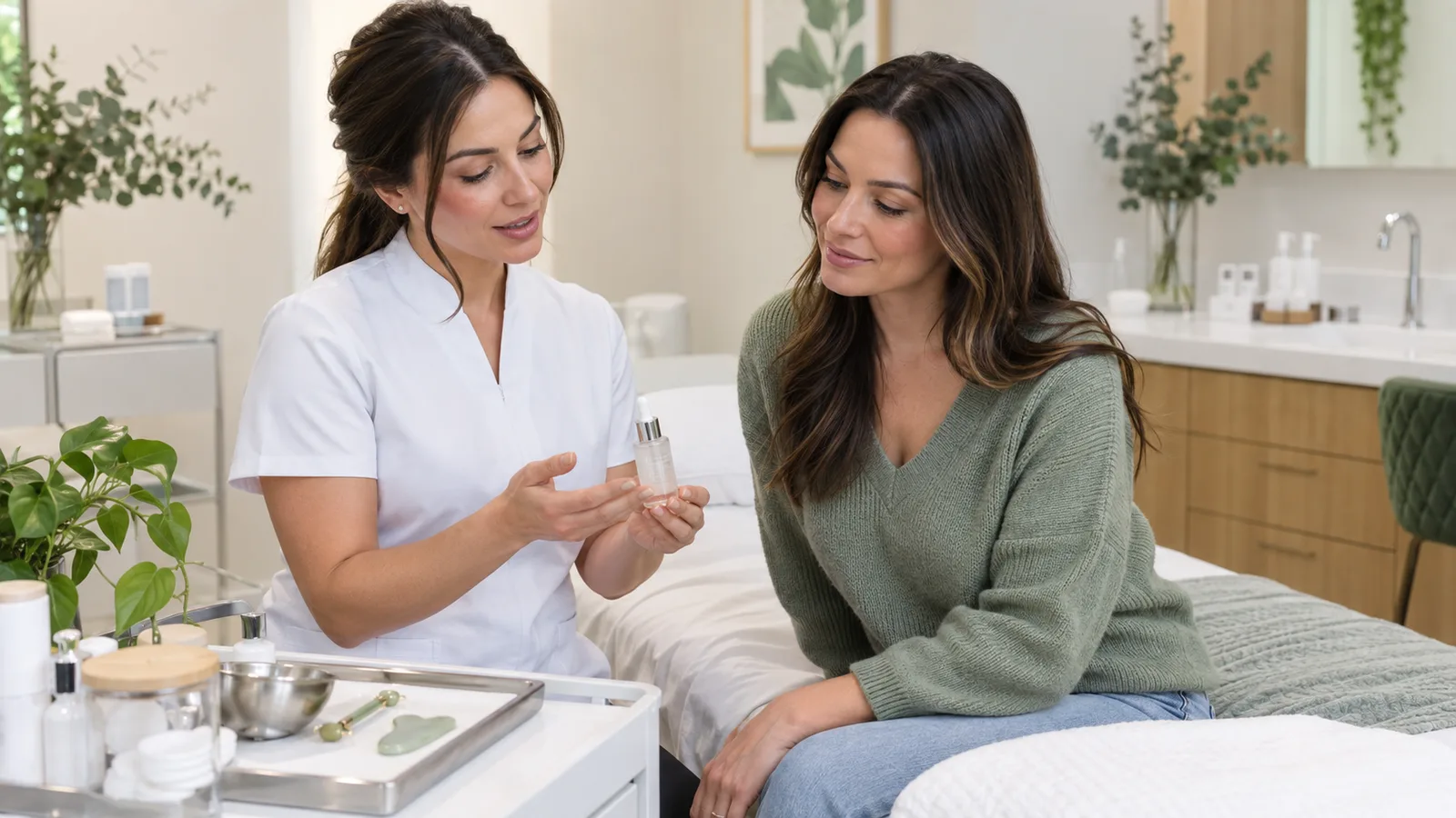 A practitioner in a white tunic holds a dropper bottle for a woman in a green sweater sitting on a treatment bed.