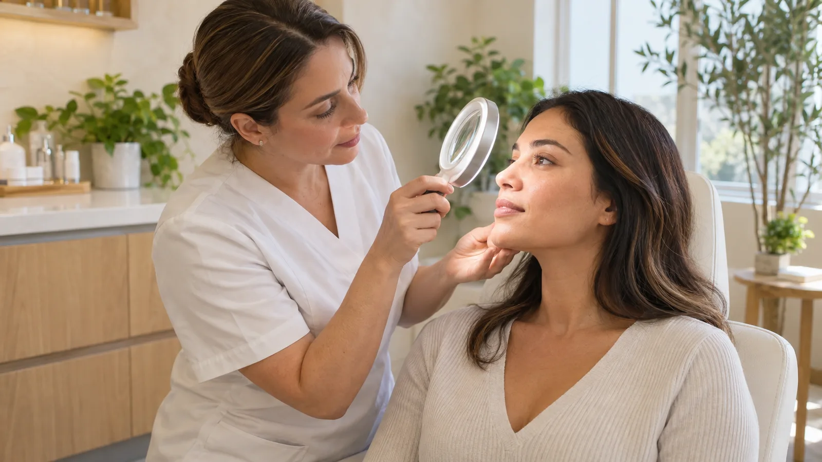 A practitioner in white scrubs examines a woman's face through a handheld magnifying glass while supporting her jaw.